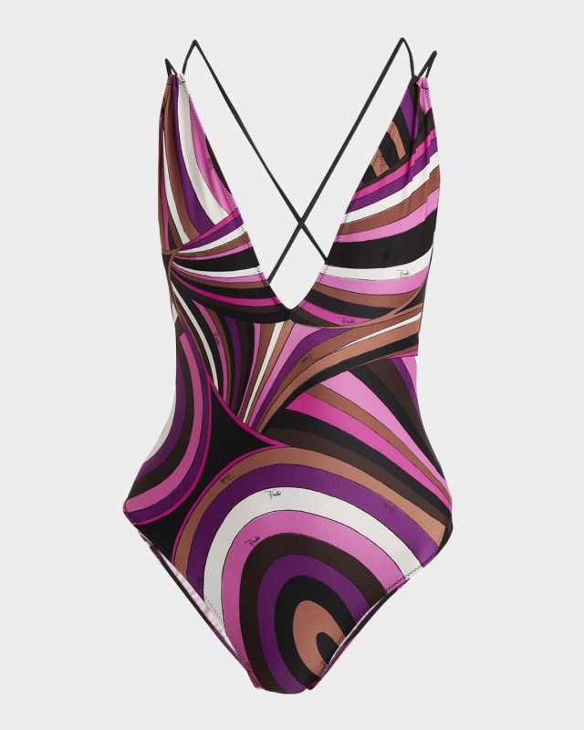 Iride-Print V-Plunge Backless One-Piece Swimsuit